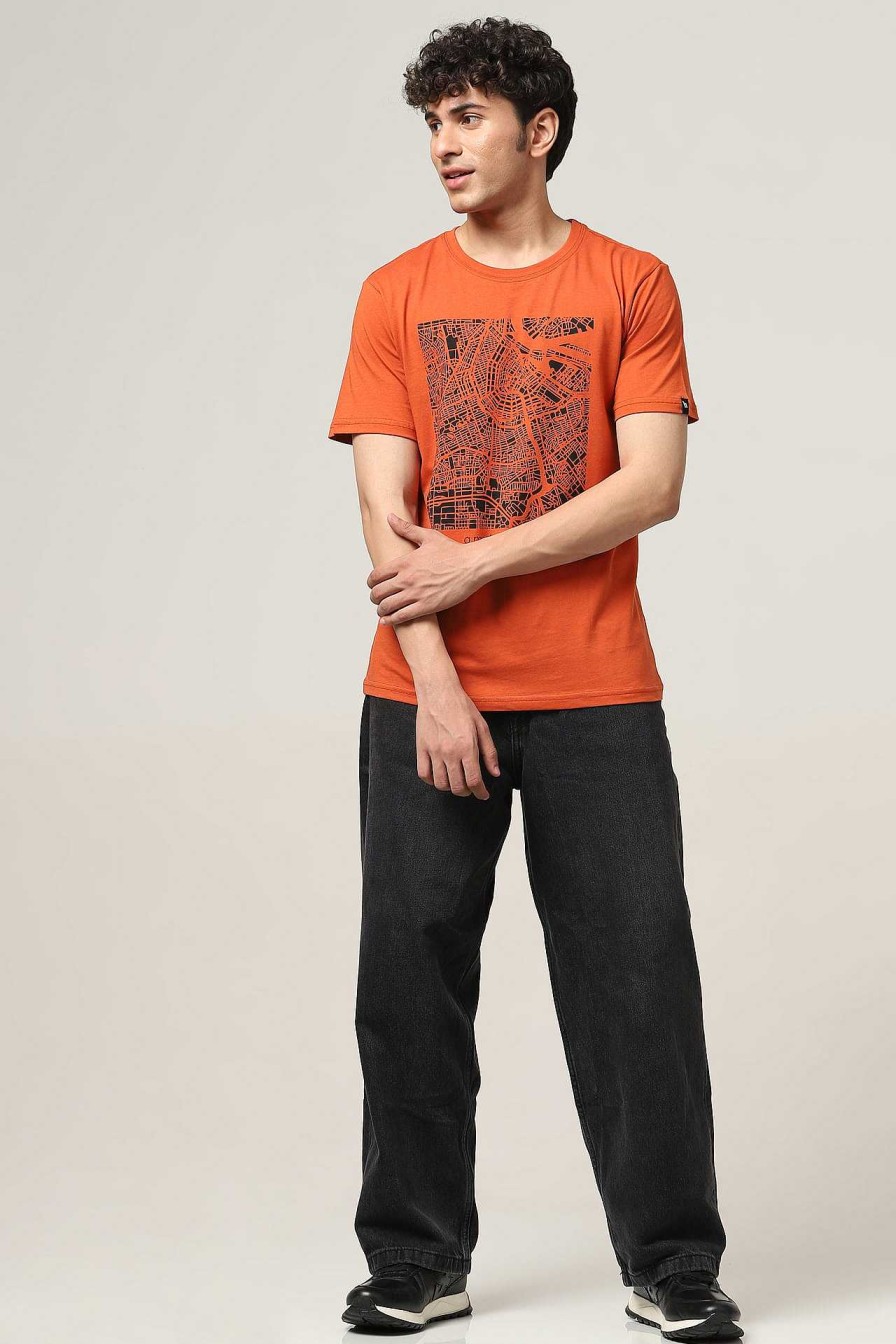 Top Wear Halfmoon | Orange Printed T-Shirt